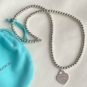 Authentic Tiffany & Co. Heart Tag Charm in Silver (Medium) and Bead Necklace